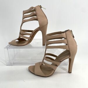 BCBGeneration Strappy Cage Shoes 7.5 B Stilletto Heels Nude Zip Back Open Toe